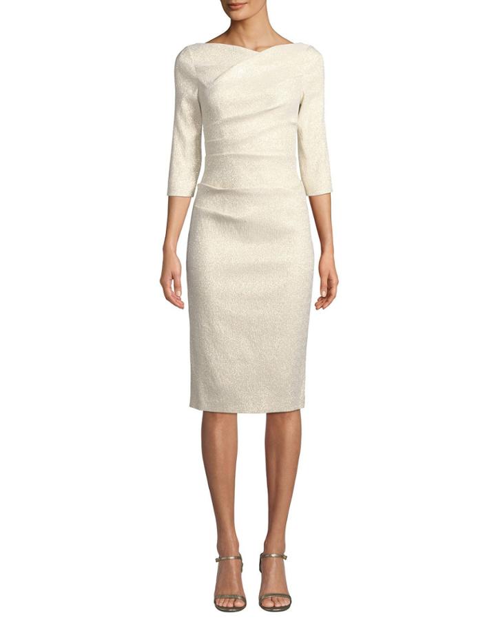 Boat-neck 3/4-sleeve Metallic Cocktail Dress W/