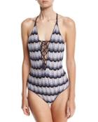 Striped Knit Lace-up One-piece Swimsuit, Denim Ombre (blue)