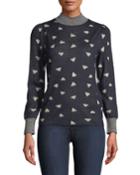 Mock-neck Heart-jacquard Pullover Sweater W/ Striped Neck & Cuffs