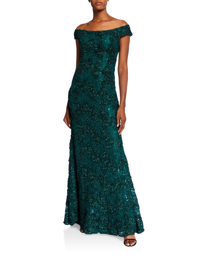 Off-the-shoulder 3d Embellished A-line Gown