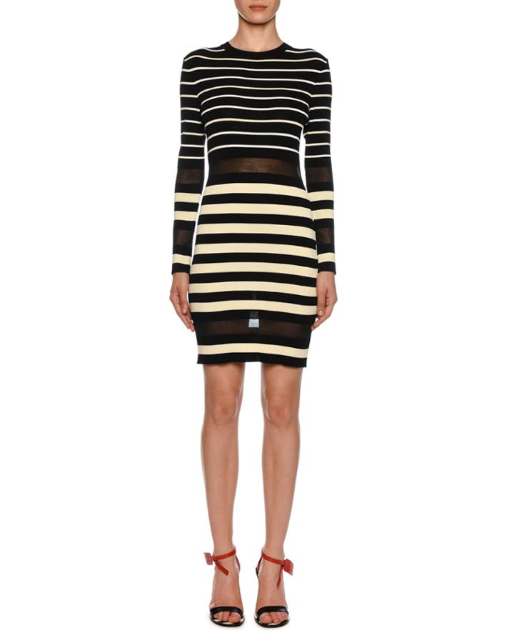 Long-sleeve Sheer Striped Bodycon Dress