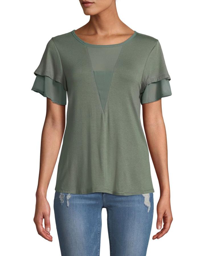 Dylan Mesh-trimmed Flutter-sleeve Tee
