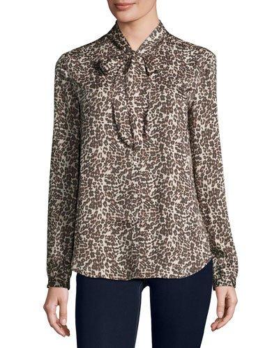 Kathleen Tie-neck Leopard-print Blouse, Natural