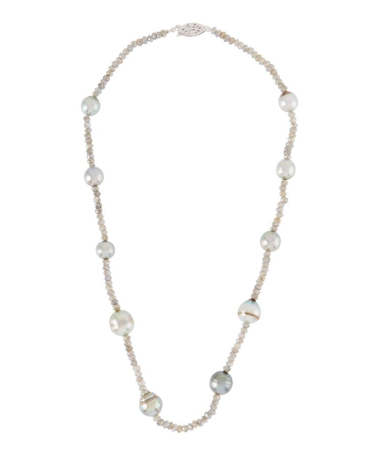 14k White Gold Tahitian Pearl & Labradorite Necklace