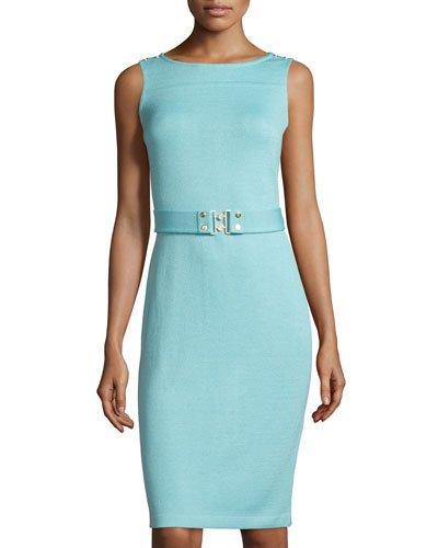 Sleeveless Santana Knit Sheath Dress, Cyan Blue