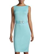 Sleeveless Santana Knit Sheath Dress, Cyan Blue