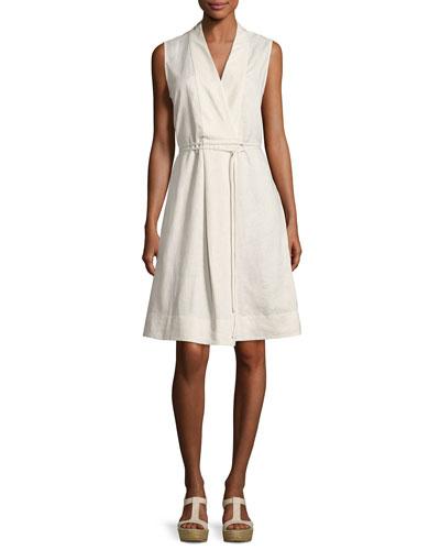 Self-belt Sleeveless Linen Dress, Tan