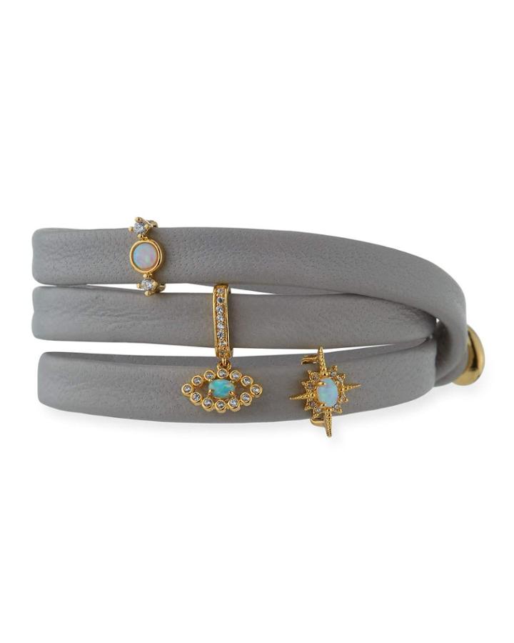Leather Wrap Bracelet With Charms, Gray
