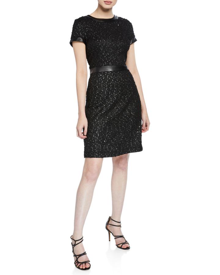 Metallic Knit Dress W/ Faux-leather Trim