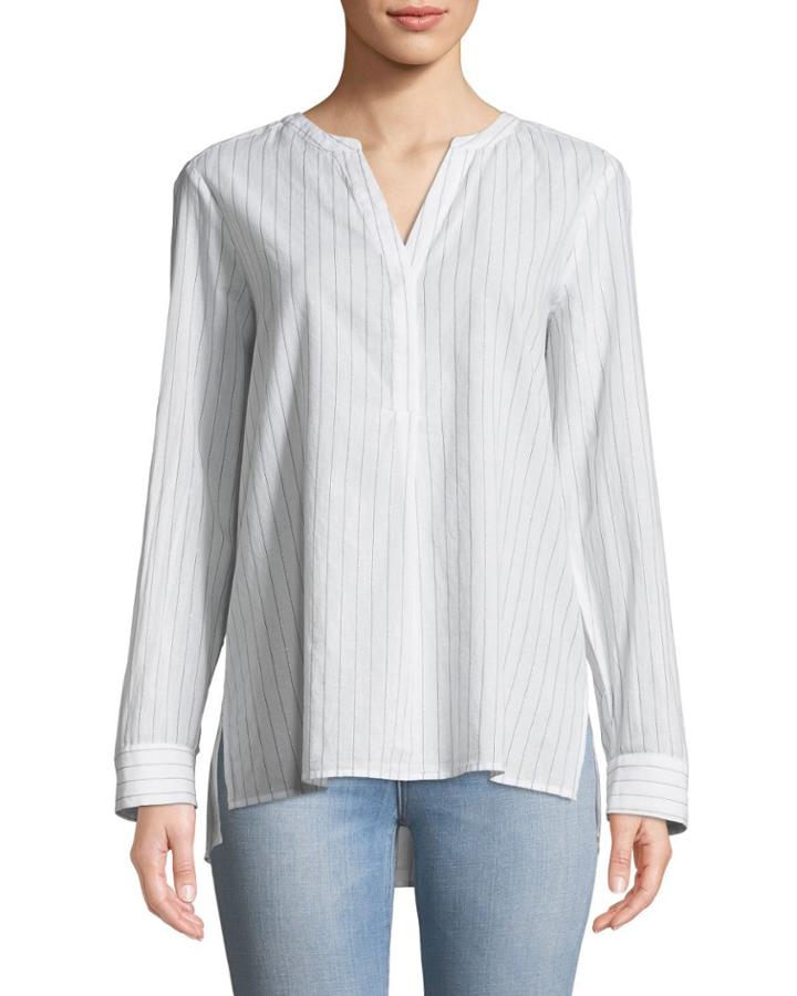 Shimmer-striped Lawn Henley Blouse