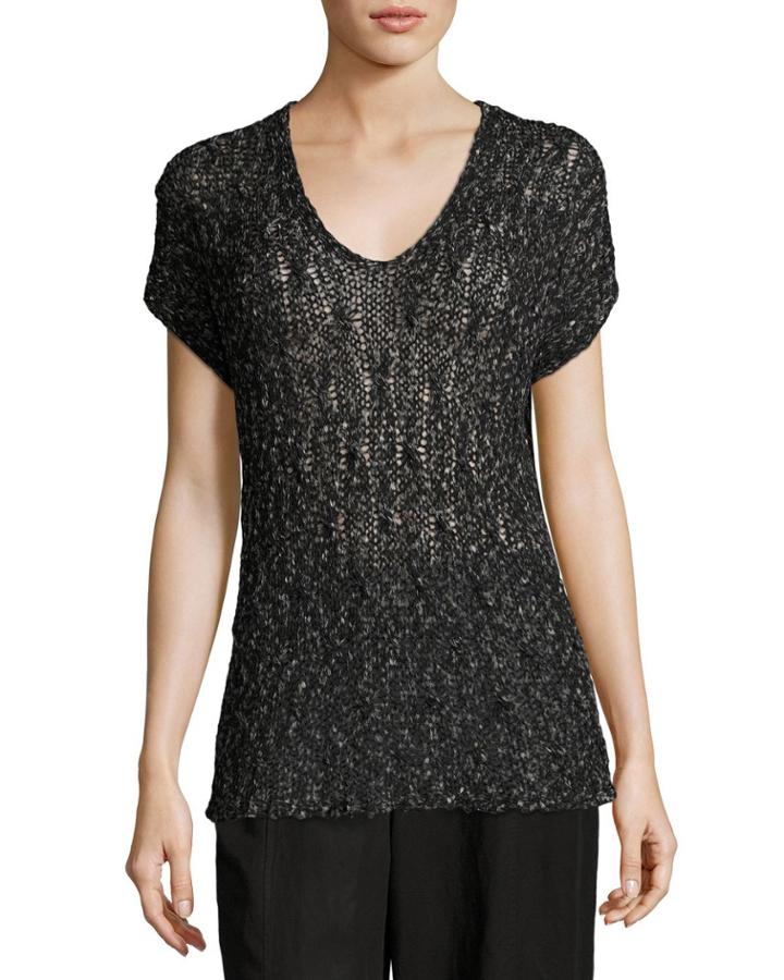 Cap-sleeve V-neck Semisheer Knit Top