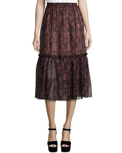 Tiered Peasant Midi Skirt, Bordeaux