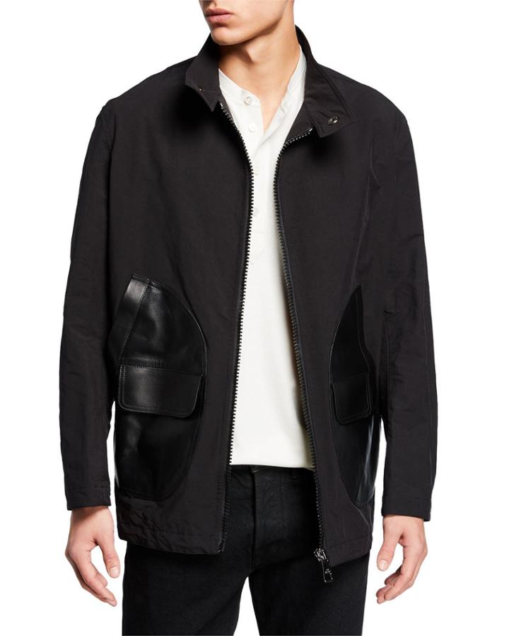 Men's Zip-front Bomber Jacket With Leather Pockets