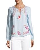 Embroidered Chambray Peasant Blouse,