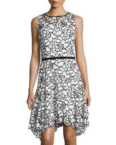 Floral Mesh Lace Cocktail Dress, Ivory/black