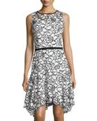 Floral Mesh Lace Cocktail Dress, Ivory/black