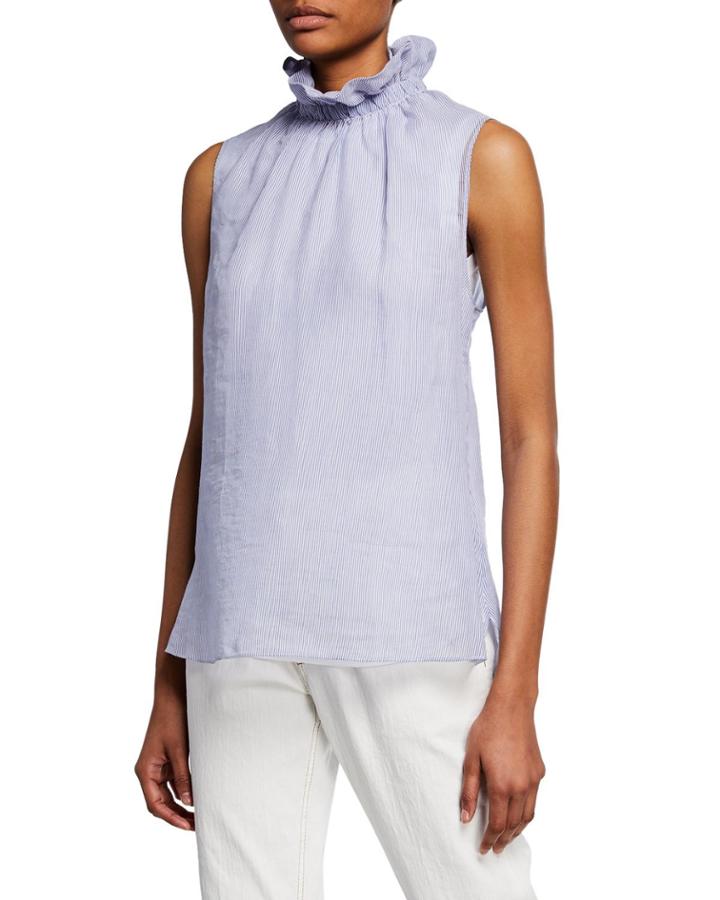 Micro-stripe Ruffle-collar Cotton Voile Tank