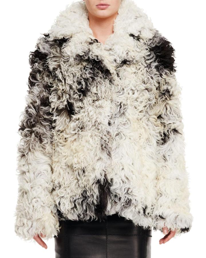 Curly Shearling Fur Coat, Black/chalk