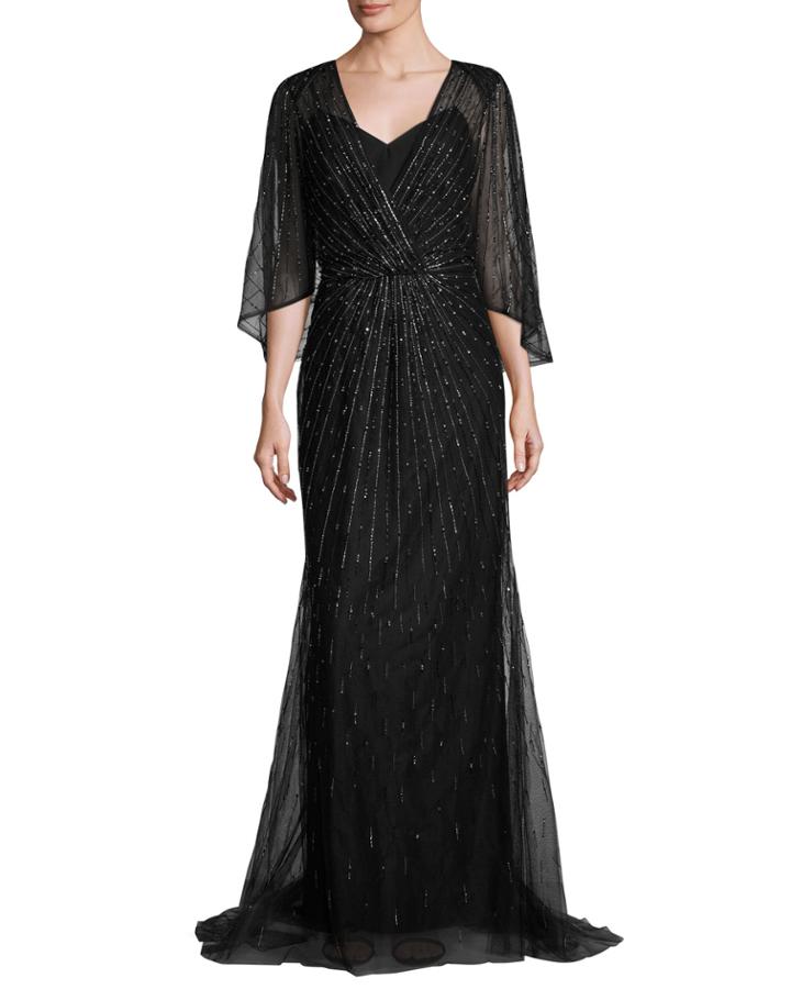 Beaded Dolman-sleeve Wrap Gown, Black/gold