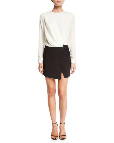 Long-sleeve Draped-front Colorblock Dress, Chalk/black