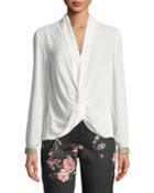 Twist-front Embroidered Cuff Blouse