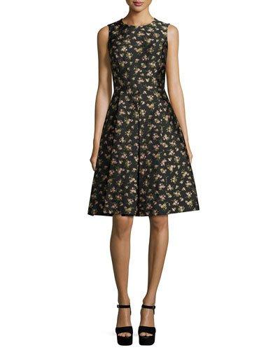 Sleeveless Floral-print Dance Dress, Black/oleander