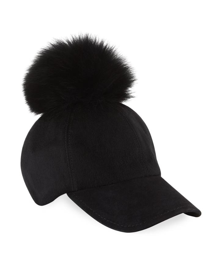 Fox Fur Pompom Felt Baseball Cap, Black