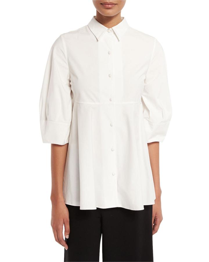 Nip-waist Half-sleeve Blouse, White
