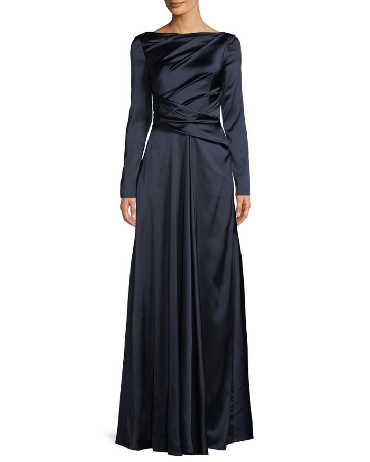 Ross High-neck Long-sleeve Ruched A-line Stretch-satin Evening Gown