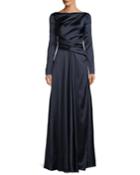 Ross High-neck Long-sleeve Ruched A-line Stretch-satin Evening Gown
