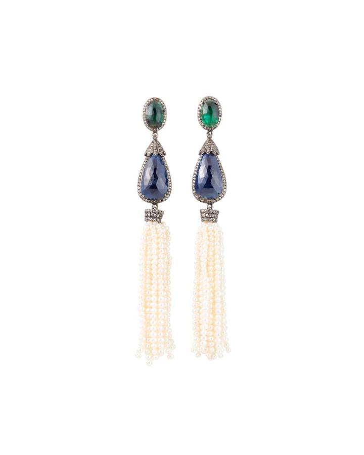 Emerald, Sapphire & Pearl Tassel Earrings