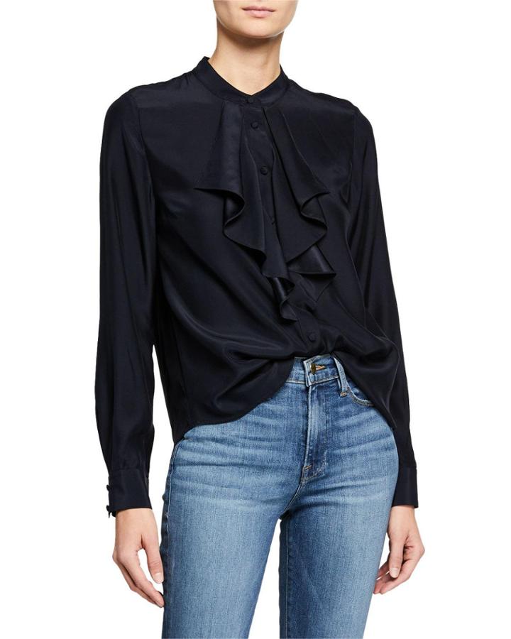 Ruffle Cascade Long-sleeve Silk Button-up Top