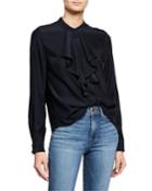 Ruffle Cascade Long-sleeve Silk Button-up Top