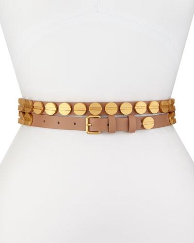 Long & Winding Road Belt With Round Studs, Suntan/matte Gold