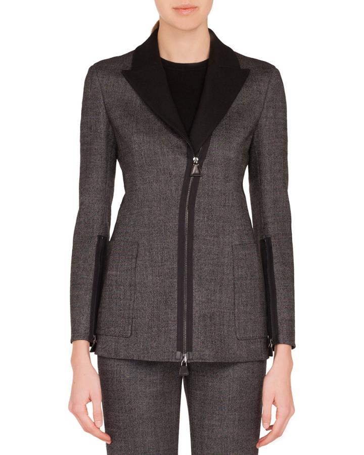 Sean Zip-front Stretch-wool Tweed Jacket W/ Patch Pockets
