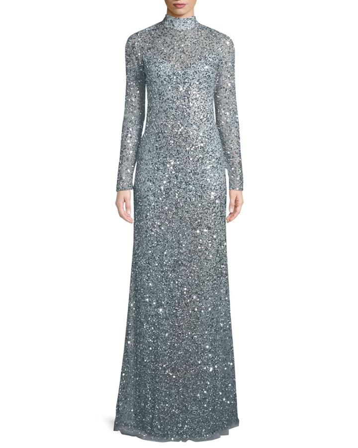 Leandra Sequin High-neck Long-sleeve Gown