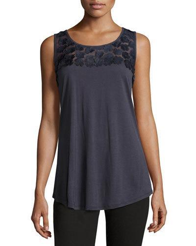 Floral-embellished Scoop-neck Tank, Navy