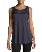 Floral-embellished Scoop-neck Tank, Navy