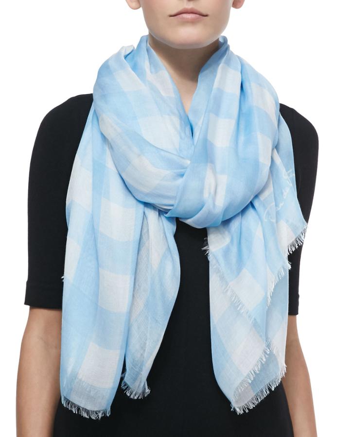 Oscar De La Renta Buffalo Check Modal/cashmere Scarf, Wedgwood, Women's, Wedgewood