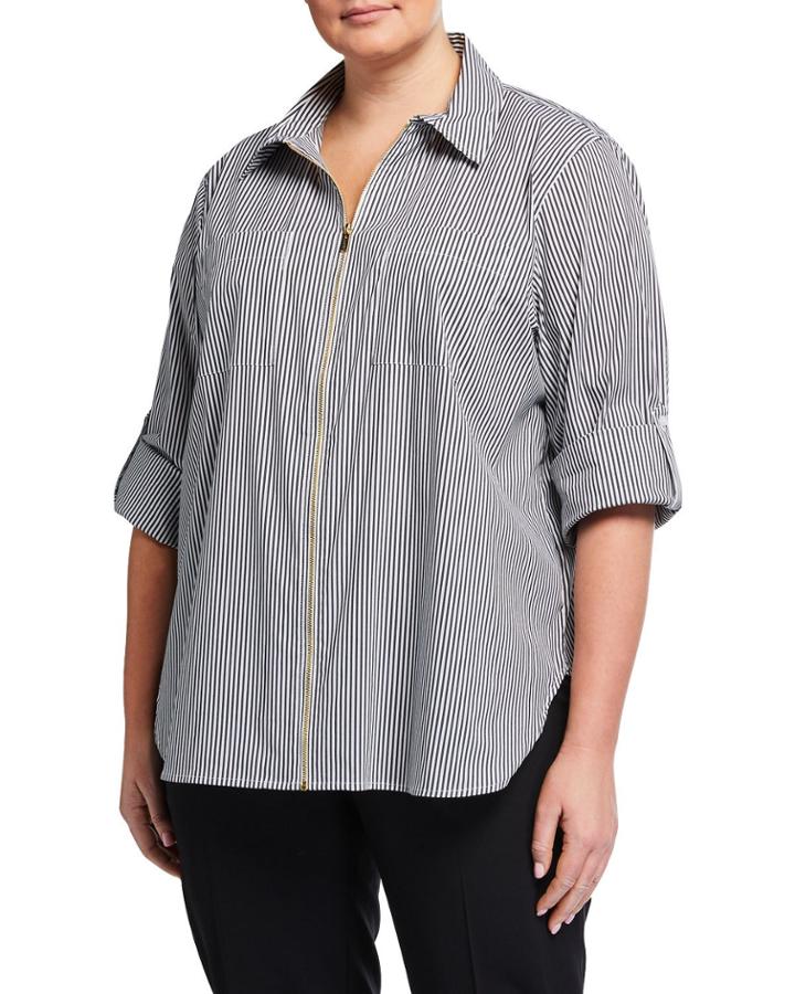 Plus Size Striped Zip-front Boyfriend Tunic