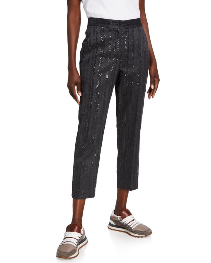 Sequined Linen-cotton Chevron Twill Pants