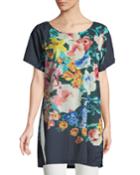 Bayla Long Floral-print Voile Tunic, Navy