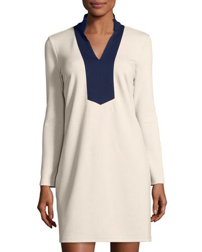 Ponte Contrast-collar Tunic Dress, Cream