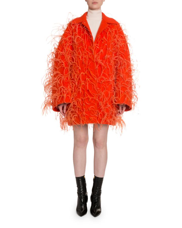 Oversized Feather-trim Drop-shoulder Coat