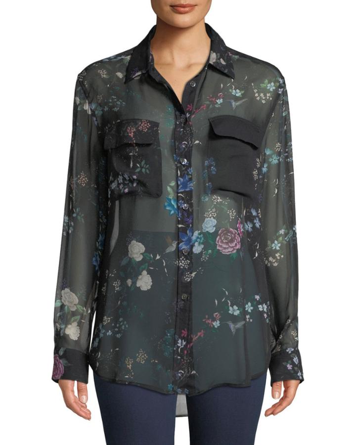 Button-front Long-sleeve Floral-print Sheer