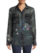 Button-front Long-sleeve Floral-print Sheer