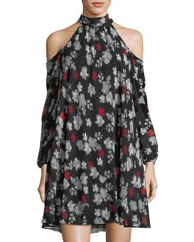 Cold-shoulder Printed Chiffon Trapeze Dress