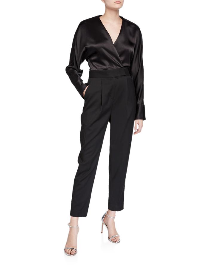 Carlens Long-sleeve Satin-bodice Wool Jumpsuit