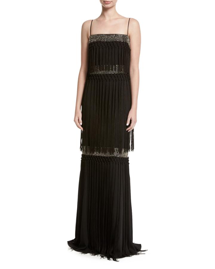 Sleeveless Embellished Tiered Fringe Gown