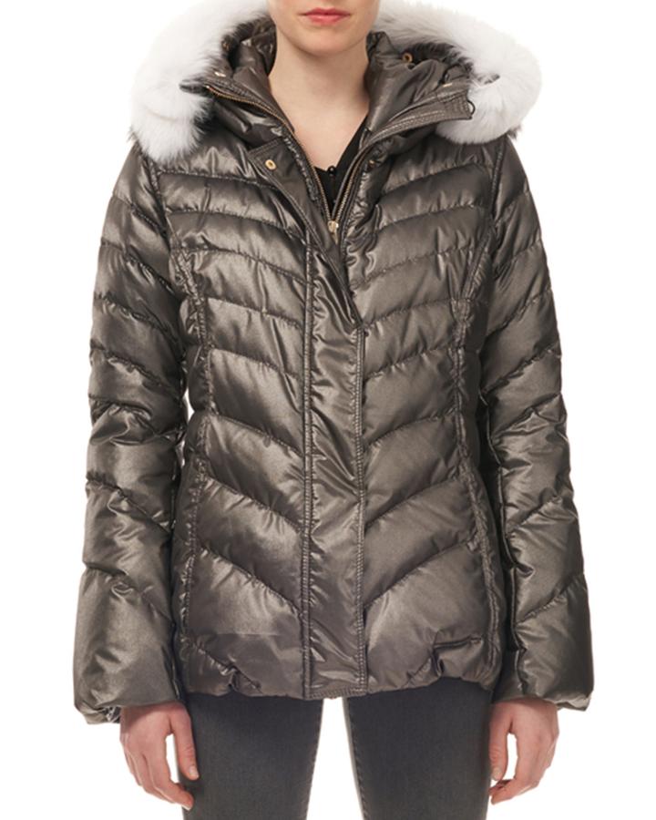Apr&#232;s-ski Metallic Quilted Puffer Jacket W/ Detachable Fox-fur Trim